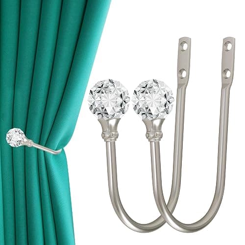Curtain Holdback, 2pcs Wall Mounted Drapery Tiebacks with Clear Crystal Ball, Heavy Duty Metal Decorative Window Drapery Curtain Holder Curtain Hooks with Screws, Sliver - Image 1