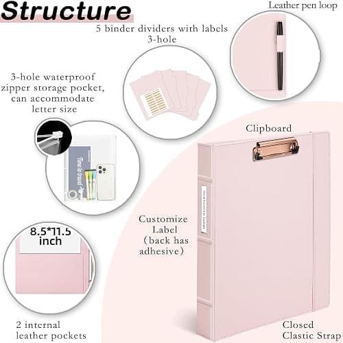 Etzul Hardcover 3 Ring 1 inch Leather Binder, Letter Size Binder Dividers with Tabs, PVC Zipper Pouch, Professional Organizer, Faux Rose Pink Leather thumbnail 3