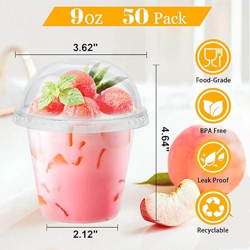 Clawsoff 50 Pack 9 oz Plastic Cups with Dome Lids, Disposable Dessert Cup No Hole, Fruit Cup, Clear Parfait Cups for Cake, Cold Drink, Ice Cream, Salad thumbnail 3
