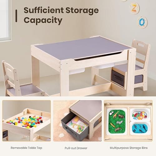 Rinnebbit 4 in 1 Toddler Table and Chair Set, Wood Kids Activity Play with Toy Storage, 2 Drawers, Detachable Tabletop for Crafting, Reading, Dining, Sensory Table w/Bins for Home, Nursery (Natural) thumbnail 5