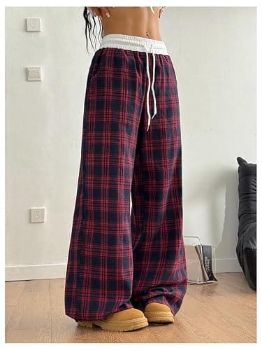 SOLY HUX Women's Plaid Checkered Pants Flannel Pajama Pants Lounge Wide Leg Baggy Sweatpants with Pockets thumbnail 2