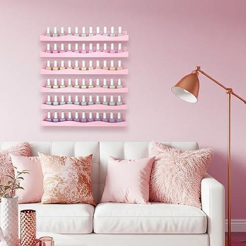 6 Pack Nail Polish Wall Mounted Shelf,15 Inch Nail Polish Floating Shelves for 66-90 Bottles Multi-Purpose,Ideal Gift, Great Display for Salons Retailers,Pink thumbnail 8