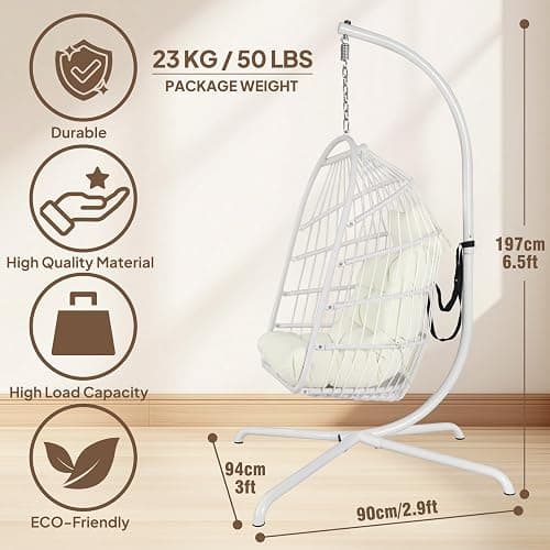 Chihee Egg Chair with Ultra Strong Stand and Cushion Foldable Wicker Rattan Hanging Chair Swing Chair Indoor Outdoor Patio Lounging Chair Hammock Chair 330 lbs Capacity Balcony Porch Bedroom Garden - White thumbnail 2