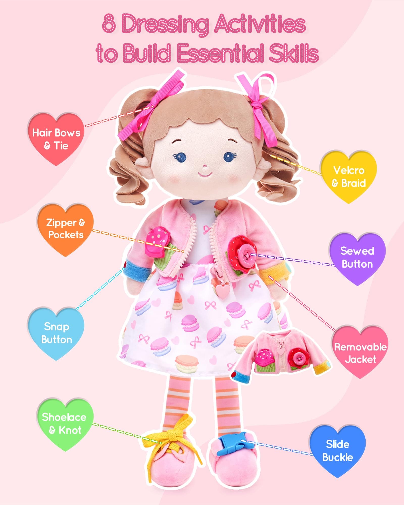 LeyaDoll Learning Sensory Doll (16") for Toddlers, Montessori Toys for 2-Year-Old Girls Christmas, Birthday Gifts, Plush Doll with Zipper, Shoelace, Button-Busy Flora Girl-Cupcake Girl thumbnail 2