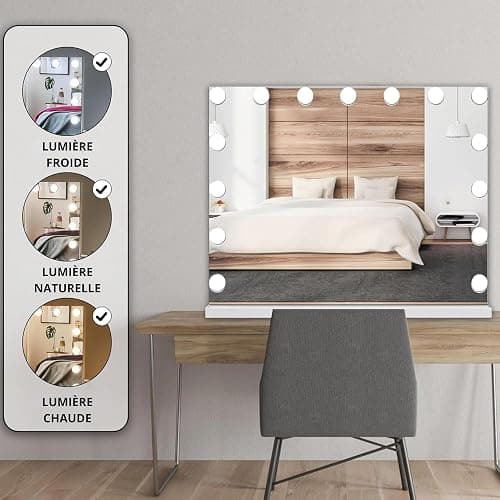 Bayt Miroir de Maquillage avec éclairage - Miroir Hollywood avec éclairage - Intensité réglable - 58 x 46 cm - Blanc thumbnail 5