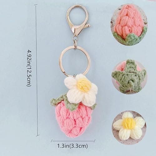Ensiolau Keychain Handmade Weaving Cute Strawberry Flower Keychains Gift for Car keys Bag Wallet Purse Women Girls thumbnail 7