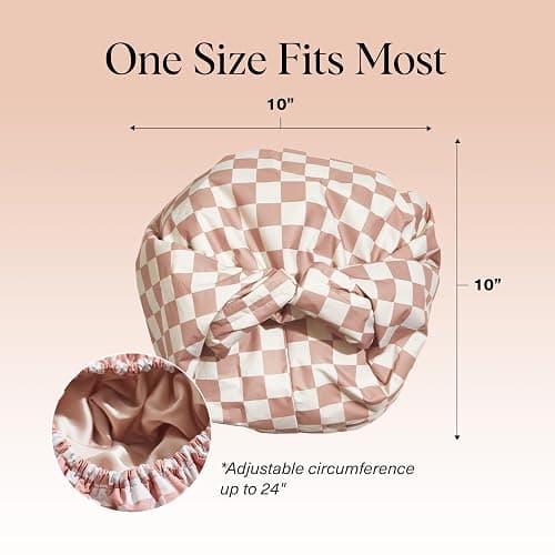 Kitsch Luxury Shower Caps for Women Reusable Waterproof - Flexi Satin Lined, Large Wide Shower Cap for Women & Men, Adjustable, Stylish Hair Cap for Shower, For Long & Short Hair - Terracotta Checker thumbnail 5
