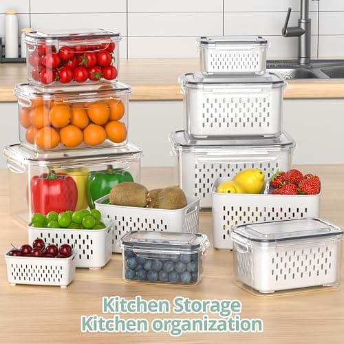 Fruit Storage Containers for Fridge with Removable Colander, 8 Pack Fruit Containers for Fridge with 2 Function Divider Plate, Airtight Storage Container to Keep Berry Fruit Fresh, Dishwasher Safe thumbnail 2