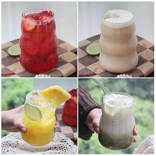 Pletmin 4 Pcs Ribbed Glass Cups, Vintage Drinking Glassware with Glass Straw 18 Oz Bubble Iced Coffee Cup for Juice, Tea, Beverage, Milk, Beer, Cocktails Ideal for Gift thumbnail 6