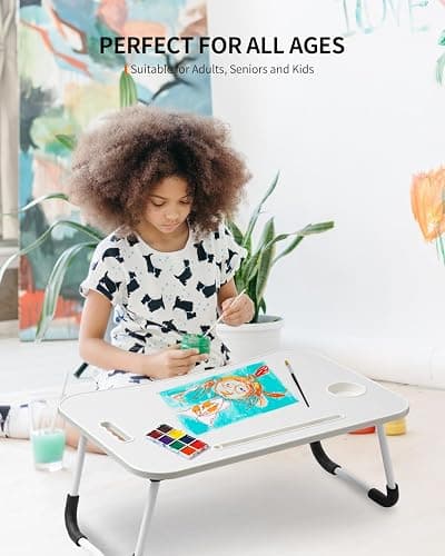 FISYOD Foldable Laptop Table, Portable Lap Desk Bed Table Tray, Laptop Stand with Cup Holder & Tablet Slot & Lifting Handle for Working Writing Drawing & Eating (White) thumbnail 4