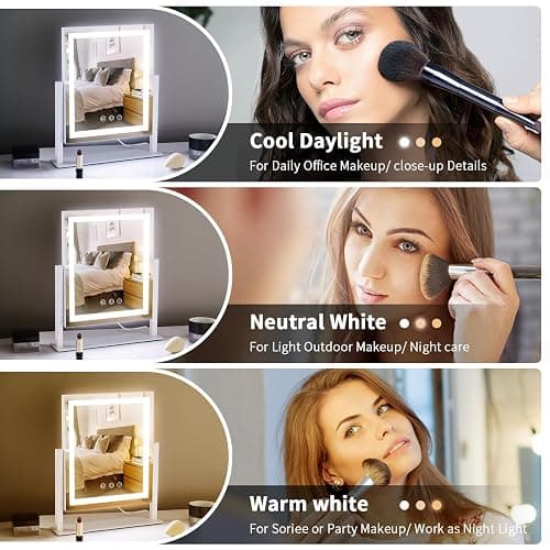 LED Vanity Mirror with Lights, Makeup Mirror with 3 Color Modes, Smart Touch Control, 360° Rotation for Desk,13.2" L x 11.2" W thumbnail 3