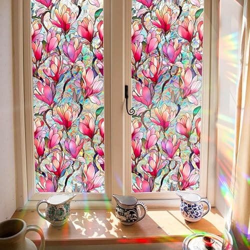 Fenster-Sichtschutzfolie, Motiv: Regenbogen-rosa Magnolien-Blüten, Sonnenschutz, dekorativ, PVC, Buntglas-Fensteraufkleber, nicht klebend, statisch haftender Aufkleber für Zuhause, Büro, 43,02 x thumbnail 4