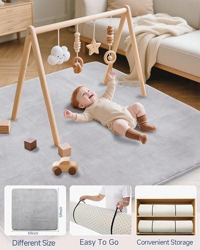 SEPARO Thick Baby Play Mat for Floor,Padded Foam 59x59 Playpen Mat,Ultra Soft Support&Plush Feel Nursery Rug,Non Slip for Toddler, Infants,Kids Play,Yoga,Baby Crawling,Tummy Time(Light Grey) thumbnail 7