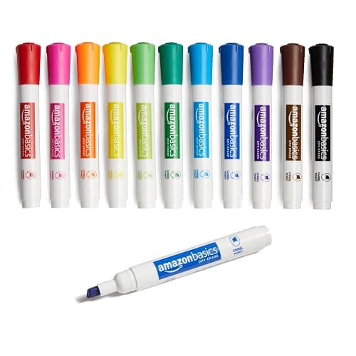 Amazon Basics Dry Erase Markers For Whiteboards, Chisel Tip, Low-Odor, Assorted Colors, Pack of 12 - Image 1
