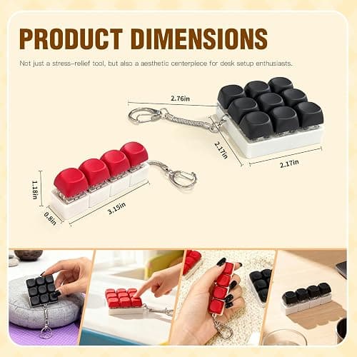 2 Pack Leather Feel Keyboard Fidget Toy – Crisp Sound,Stress Relief Fidget Clicker Keychain,Satisfying Quiet Anxiety Toys for Stress & Focus at Work, Office Desk (2PC 4IN1) thumbnail 2
