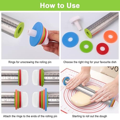 Rolling Pin with Thickness Rings and Red Silicone Baking Mat, Adjustable Stainless Steel Rolling Pins for Pasta or Sugar Decorating Cookies, Bread Making Tools Fondant Roller for Dough, Dumpling thumbnail 4