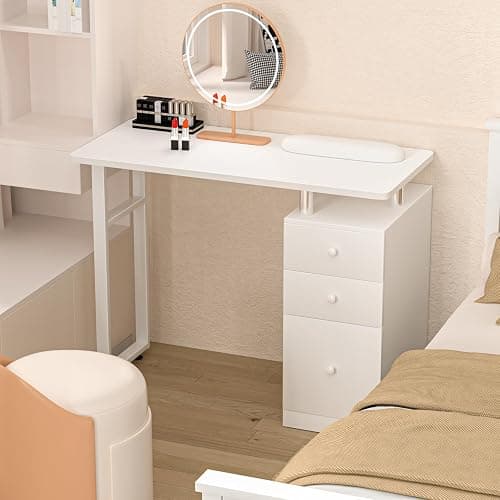 Charmmade Nail Desk, White Manicure Table with Wrist Cushion | Beauty Salon Nail Desk, Acetone Resistant Nail Station, Storage Drawers & Cabinets, for Beauty, Salon, Spa Makeup (03White) thumbnail 2
