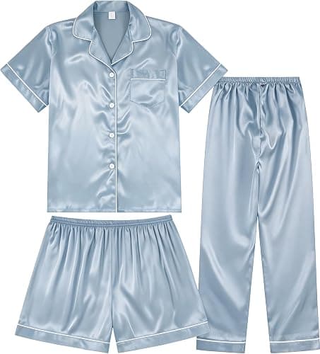 TinyChoice 3 Piece Silk Satin Pajama Set for Women Soft Button Down Pjs | Cozy Night Rest, Group Sleepover Attire, Private Home Lounge, Mom Holiday Present, Sleepover Party Wear - Image 1