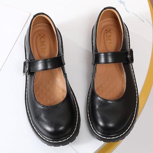 XMM Mary Jane Shoes Women Oxford Shoes Leather Round Toe Flats Non-Slip Ankle Buckle Strap Comfort Casual Dressy Cosplay Party School Work Shoes thumbnail 4