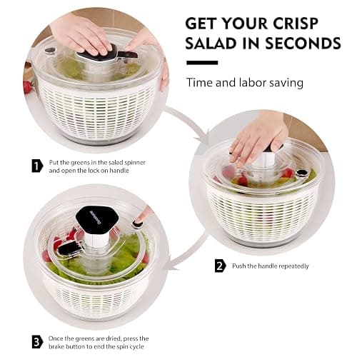 Ourokhome Salad Spinner Lettuce Dryer, One-handed Easy Press Large Vegetable Dryer Salad Mixer with Comfortable and Retractable Pusher and Brake Button for Greens, Herb, Berry, Fruits, 6.3 QT, Black thumbnail 6