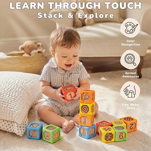 Joyreal Silicone Wooden Baby Blocks, 10PCS Montessori Stacking Blocks for Babies 6-18 Months, 1.7" Beech Wood Sensory Learning Toy with Animals, Numbers, Textures, Soft Chewable, Laser Engraved thumbnail 6