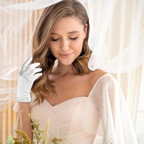 Trinkrittey White Satin Gloves - Women's Pearl Wedding & Tea Party Gloves for 1920s Fashion thumbnail 3