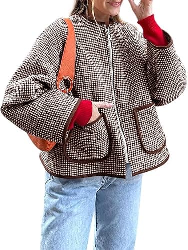 Yousify Womens Jackets Fall Fashion 2025 Crew Neck Quilted Plaid Jacket Full Zipper Coats S-2XL - Image 1
