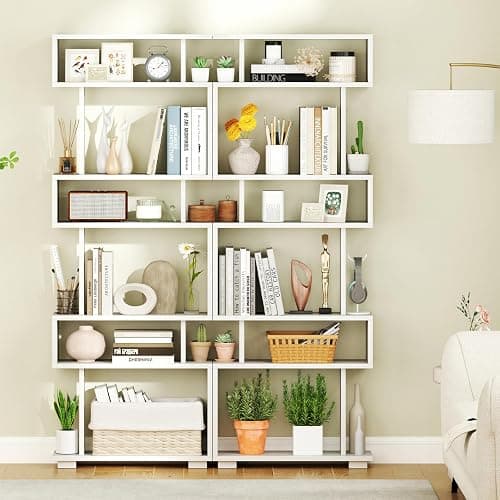 Giantex 6-Tier Geometric Bookcase, 64" Tall S-Shaped Bookshelf with Anti-Tipping Kit, Wood Freestanding Decorative Storage Display Shelves for Living Room, Bedroom & Home Office, White thumbnail 4