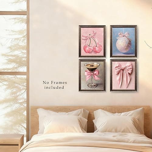 Qykwz Preppy Girly Pink Bow Wall Art Prints, Coquette Pink Bow Cherry Disco Ball Espresso Martini Posters Pictures Wall Decor for Girls Bedroom Dorm Home Bar Club, 8x10 Unframed Set of 4 thumbnail 3