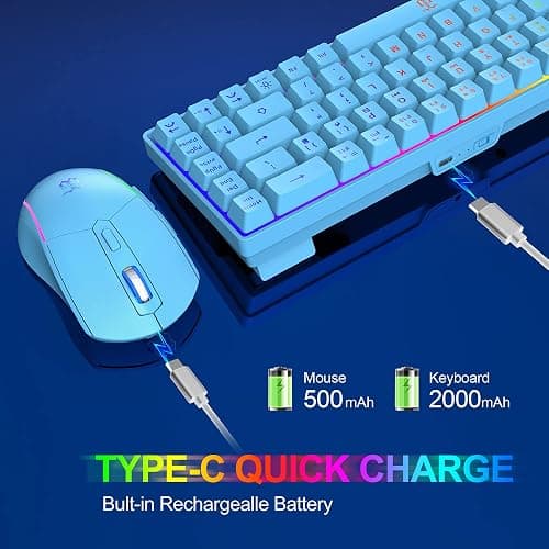 Snpurdiri 60% Wireless Gaming Keyboard and Mouse Combo,LED Backlit Rechargeable 2000mAh Battery,Small Membrane But Mechanical Feel Keyboard + Popular RGB Mice for Gaming,Business Office(Blue) thumbnail 3