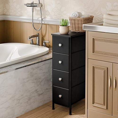 Fixwal Narrow Storage Cabinet, Small Dresser with 4 Drawers, Slim Fabric Dresser Storage for Small Spaces, Black Nightstand Side Table for Bedroom, Bathroom, Laundry, Closet, Dorm thumbnail 3