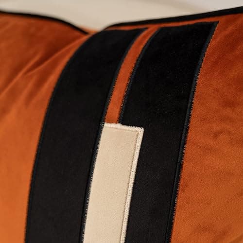 Yangest Burnt Orange Decorative Velvet Throw Pillow Cover Striped Patchwork Cushion Case Modern 18x18 Inch Pillowcase for Sofa Couch Bedroom Living Room Home Decor - Burnt Orange - 18" x 18" (Pack of 1) thumbnail 3