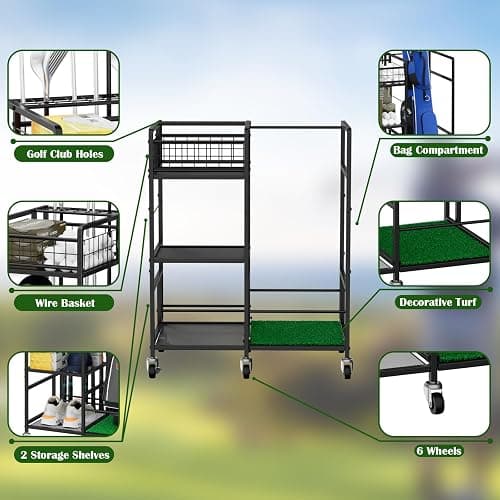 Golf Bag Storage Garage Organizer Golf Bag Stand for Single Golf Bag, Golf Clubs, and Golf Equipment Accessories Golf Bag Holder Storage Rack with Wheels for Garage, Club, Sports, Basement, Black thumbnail 5