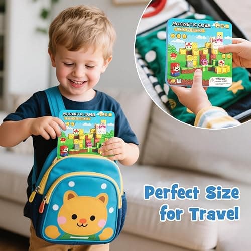 hunloot 49PCS Mini Magnetic Tiles Travel Toys for Kids Ages 4-8, Magnetic Building Blocks Adventure Set with Portable Iron Storage Box & Play Base, STEM Learning Activities for Toddlers 3-5 thumbnail 2