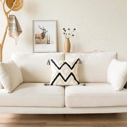 Woven Tufted Boho Throw Pillow Cover, Modern Decorative Geometric Chevron Striped Cushion with Tassels, Farmhouse Tribal Pillowcases for Couch Sofa Bedroom Living Room, 18 x 18 Inches, Black, Ivory thumbnail 6