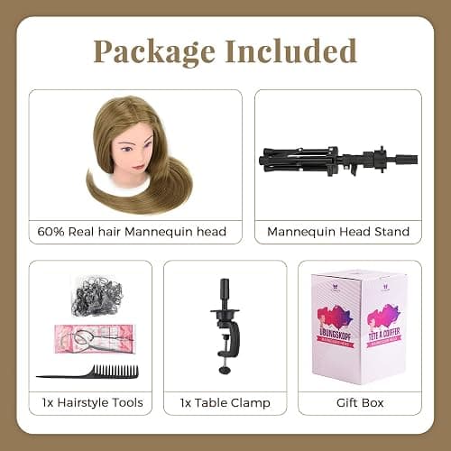 28 Inch Mannequin Head 80% Human Hair with Tripod Stand,Mannequin Cosmetology Manikin Practice Doll Head with stand,Braiding Hairdressing Head for Hair Styling with Table Clamp + DIY Hair Styling Set thumbnail 7