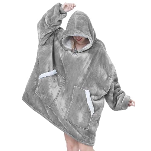 Kipswiza Oversized Wearable Blanket Hoodie, Cozy Fluffy Sherpa Fleece Hooded Blankets Sweatshirt Gifts for Women Men Family Members Friends, Light Grey thumbnail 3