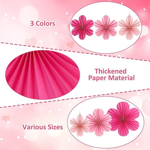 JULBEAR 12pcs Pink Paper Flowers Fans, Paper Fans Hanging Ornaments, Paper Flowers Decorations for Wall, Paper Fans Party Decorations for Spring Wedding Baby Shower thumbnail 4