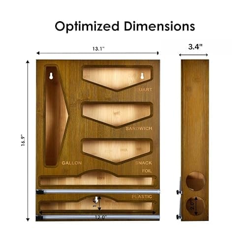 Cozee Bay Bamboo Food Bag Organizer with Foil and Plastic Wrap Organizer, Kitchen Drawer Organizer, Wrap Dispenser with Cutter, for Gallon, Quart, Sandwich, Snack Bags and 12" Roll (Vintage Brown) thumbnail 3