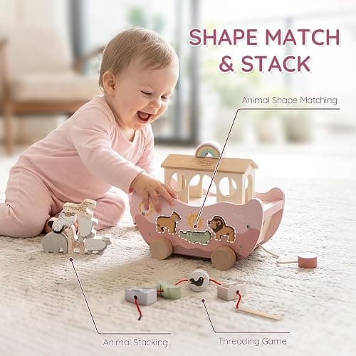 Joyreal Pink Wooden Noah's Ark Toy for 1 Year Old Baby Girl Baptism Gifts | Montessori Educational Toy, Animal Shape Sorter, Christian Toys for Toddler Boy 1-3 Years Old, Christmas Birthday Gift thumbnail 4