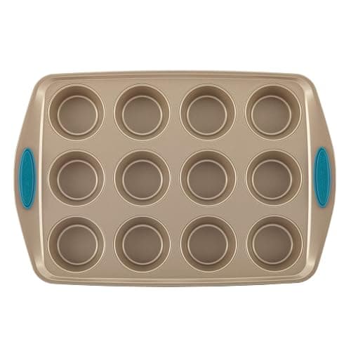 Rachael Ray 47578 Cucina Nonstick Bakeware Set with Grips Includes Nonstick Bread Pan, Baking Sheet, Cookie Sheet, Baking Pans, Cake Pan and Muffin Pan - 10 Piece, Latte Brown with Agave Blue Grips - 10 Piece - Latte Brown with Agave Blue Grips - Bakeware Set thumbnail 12