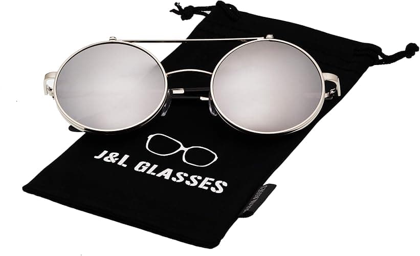 J&L Glasses Retro Flip-Up Round Goggles Steampunk Sunglasses - Silver,silver thumbnail 2