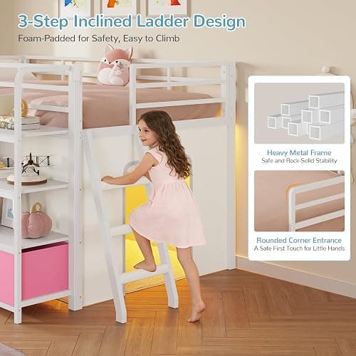 Low Loft Bed Twin Size with Desk, 6 Storage Drawers & Bookshelf, Kids Loft Bed with LED Lights & Under-Bed Play Space, Heavy Duty Metal Bed Frame with 13.8"H Safety Guardrail & Ladder, White and Pink thumbnail 8