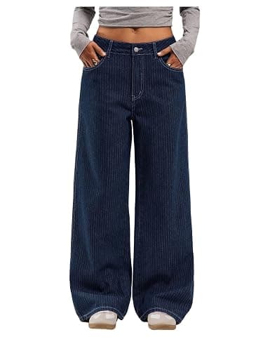 OYOANGLE Women's Striped Wide Leg Jeans Casual Pinstripe Denim Baggy Low-Rise 90s Trendy Pants with Pocket - Image 1