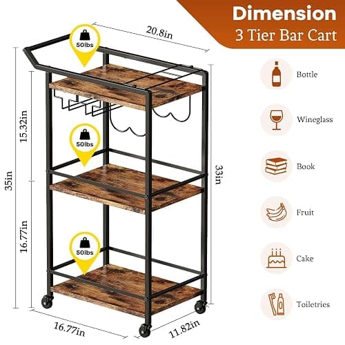 LOTEYIKE 3 Tier Bar Cart, Mini Liquor Utility Cart for Wine Beverage Dinner Party, Rolling Wine Coffee Drink Serving Cart with Lockable Wheels for Home Kitchen Bars (Rustic Brown) thumbnail 3