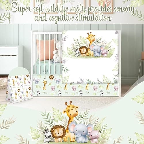 Hahafelt 4 Pieces Baby Crib Bedding Set for Girls and Boys, Soft Baby Bedding Set Including Crib Skirt, Comforter, Sheet and Diaper Stacker for Nursery (Wildlife Theme) thumbnail 5
