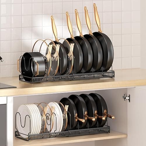 MUDEELA Pots and Pans Organizer Rack for under Cabinet, Expandable 11.81''-22.85'' Pot Lid Kitchen Cabinet Organizer Holder with 10 Adjustable Compartment Cutting Board Organizer for Pan Lid, Bakeware thumbnail 2