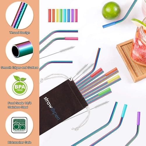 StrawExpert Set of 16 Reusable Stainless Steel Straws with Travel Case Cleaning Brush Silicone Tips Eco Friendly Extra Long Metal Straws Drinking for 20 24 30 oz Tumbler, Rainbow thumbnail 3