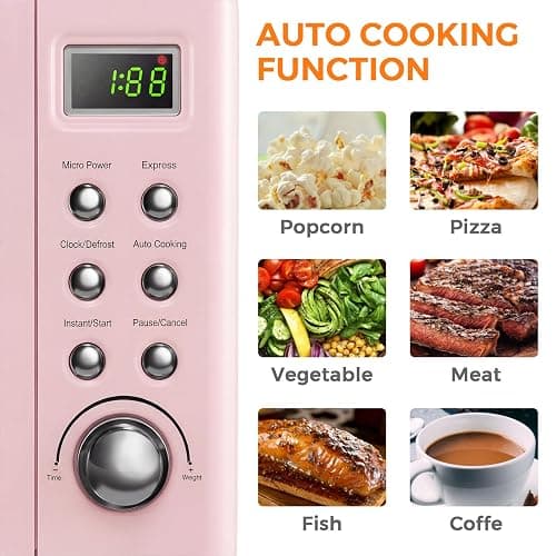 ARLIME Retro Microwave 0.7Cu.ft, 700 Watt Countertop Microwave with 5 Micro Power Defrost & Auto Cooking Function, LED Display, Child Lock, Pink Small Microwave for Kitchen, RV, Dorm thumbnail 5