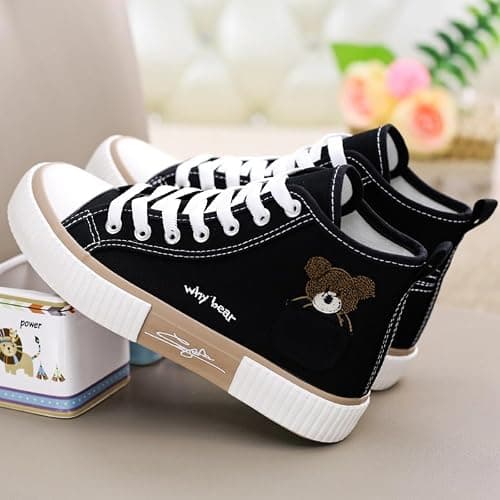 Women's High Top Canvas Sneakers Cute Bear Embroidery Kawaii Shoes Biscuit Sole Lace Up Casual Walking Shoes for Teen Girls School thumbnail 2